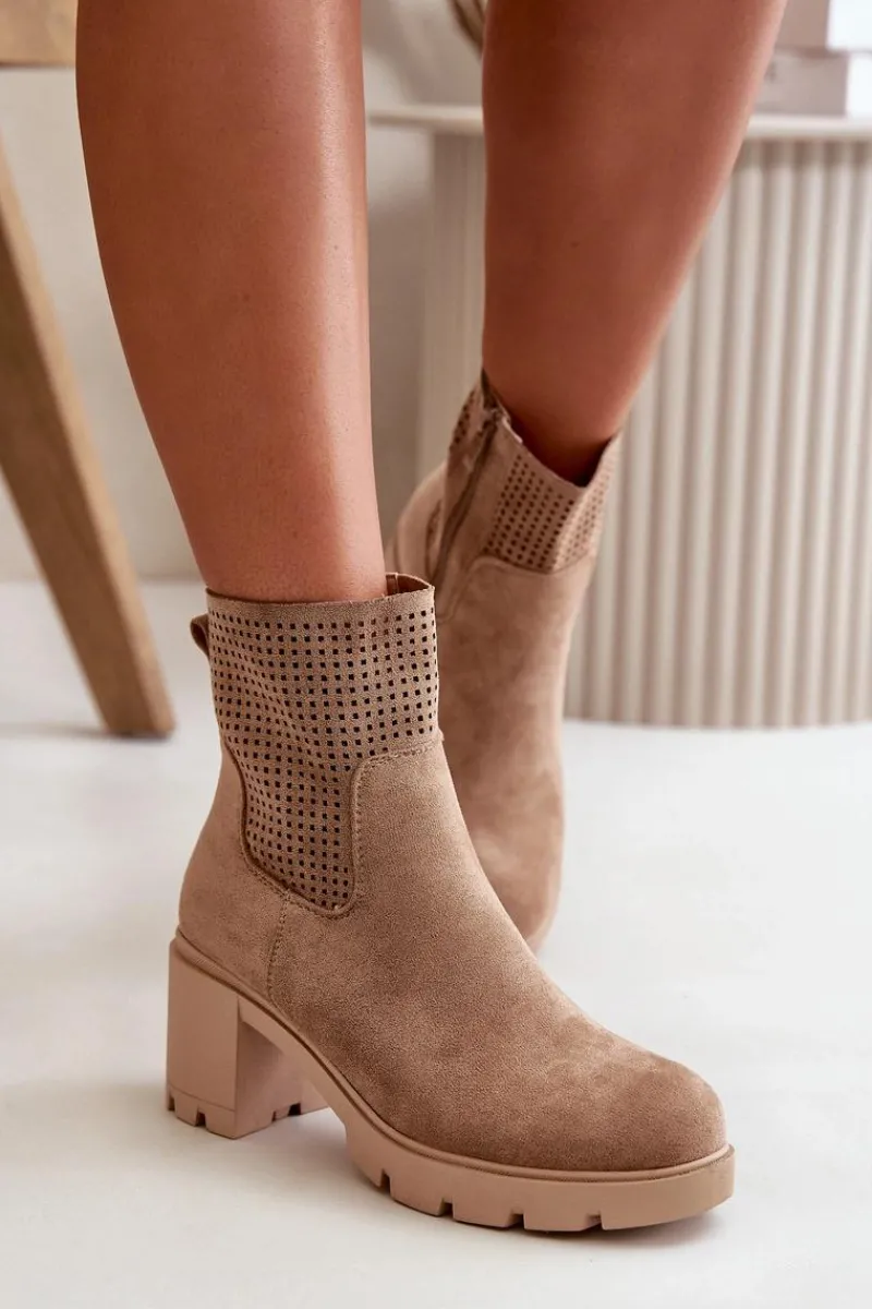 Botki Ocieplane|Botki Ażurowe>Boto Botki Damskie Na Słupku Zapinane Na Zamek Eko Zamszowe Beżowe Rashmi Beżowy