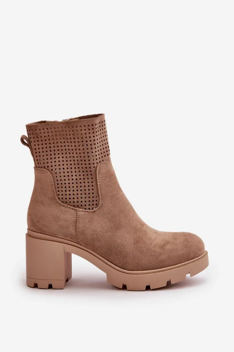 Botki Ocieplane|Botki Ażurowe>Boto Botki Damskie Na Słupku Zapinane Na Zamek Eko Zamszowe Beżowe Rashmi Beżowy