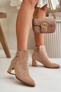 Botki Na Słupku|Brązowe I Beżowe Botki>Boto Botki Damskie Na Słupku Zapinane Na Zamek Eko Zamszowe Ciemnobeżowe Bonucci