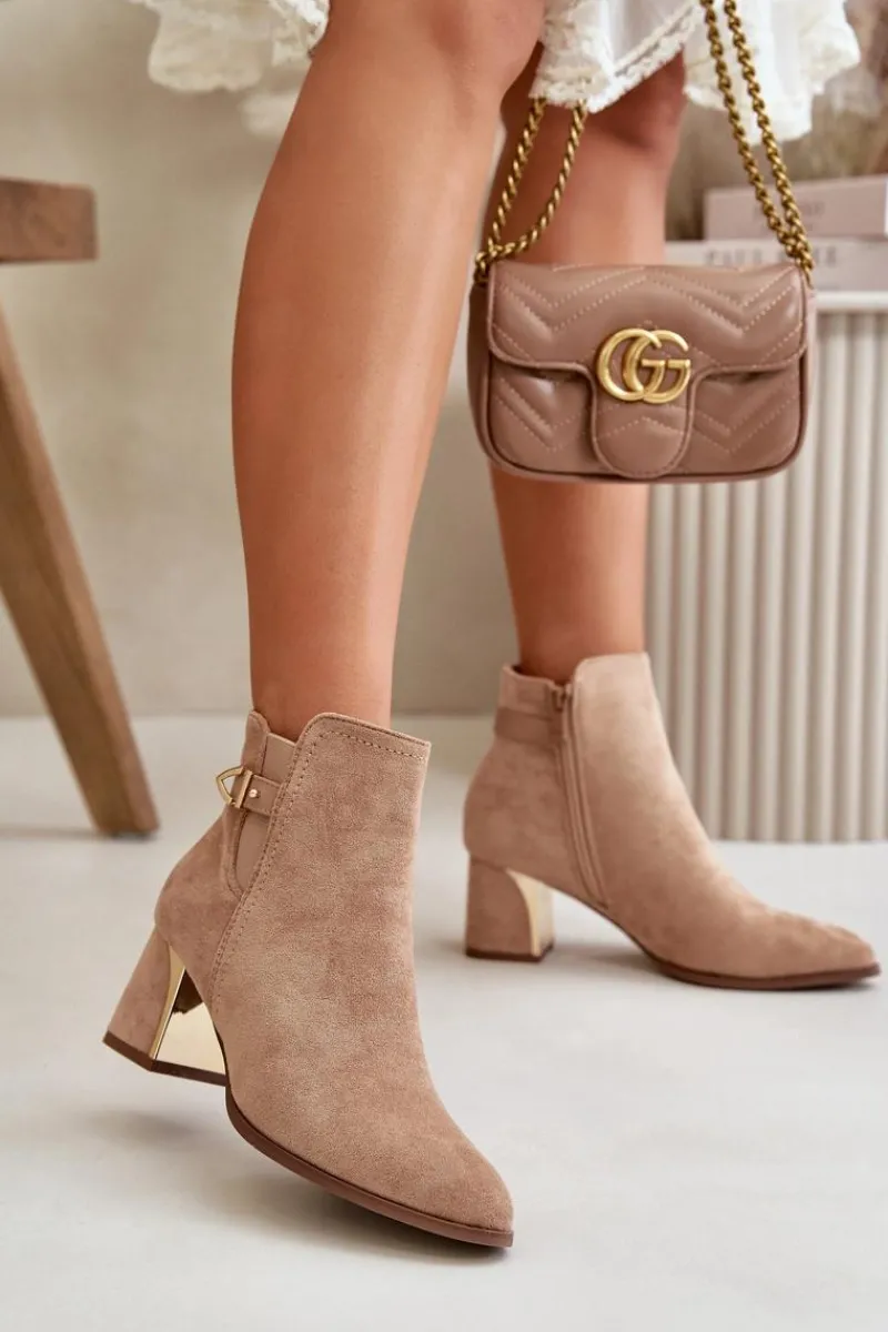 Botki Na Słupku|Brązowe I Beżowe Botki>Boto Botki Damskie Na Słupku Zapinane Na Zamek Eko Zamszowe Ciemnobeżowe Bonucci