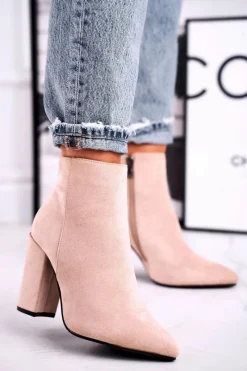 Best Boto Botki Damskie na Słupku Zamszowe Beżowe Sharks