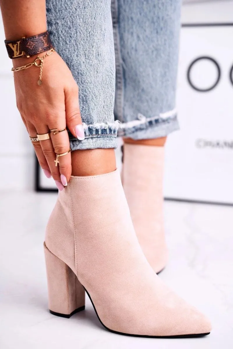 Best Boto Botki Damskie na Słupku Zamszowe Beżowe Sharks