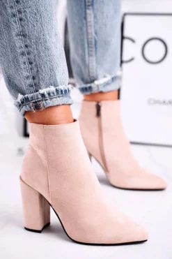 Best Boto Botki Damskie na Słupku Zamszowe Beżowe Sharks