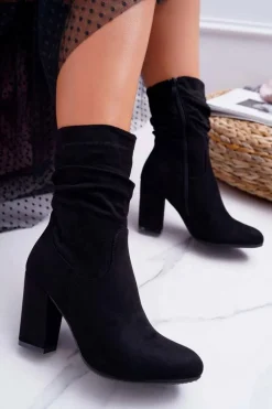 Botki Na Słupku|Botki Zimowe Damskie>Damskie buty S.Barski Botki Damskie Na Słupku Zamsz Czarne S.Barski 36-14