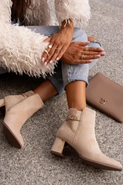 Boto Botki Damskie Na Słupku Zapinane Na Zamek Eko Zamszowe Jasnobeżowe Bonucci