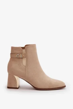 Boto Botki Damskie Na Słupku Zapinane Na Zamek Eko Zamszowe Jasnobeżowe Bonucci