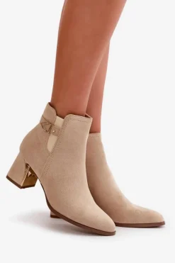 Boto Botki Damskie Na Słupku Zapinane Na Zamek Eko Zamszowe Jasnobeżowe Bonucci