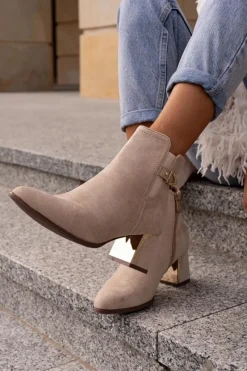 Boto Botki Damskie Na Słupku Zapinane Na Zamek Eko Zamszowe Jasnobeżowe Bonucci