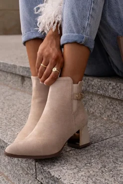 Boto Botki Damskie Na Słupku Zapinane Na Zamek Eko Zamszowe Jasnobeżowe Bonucci