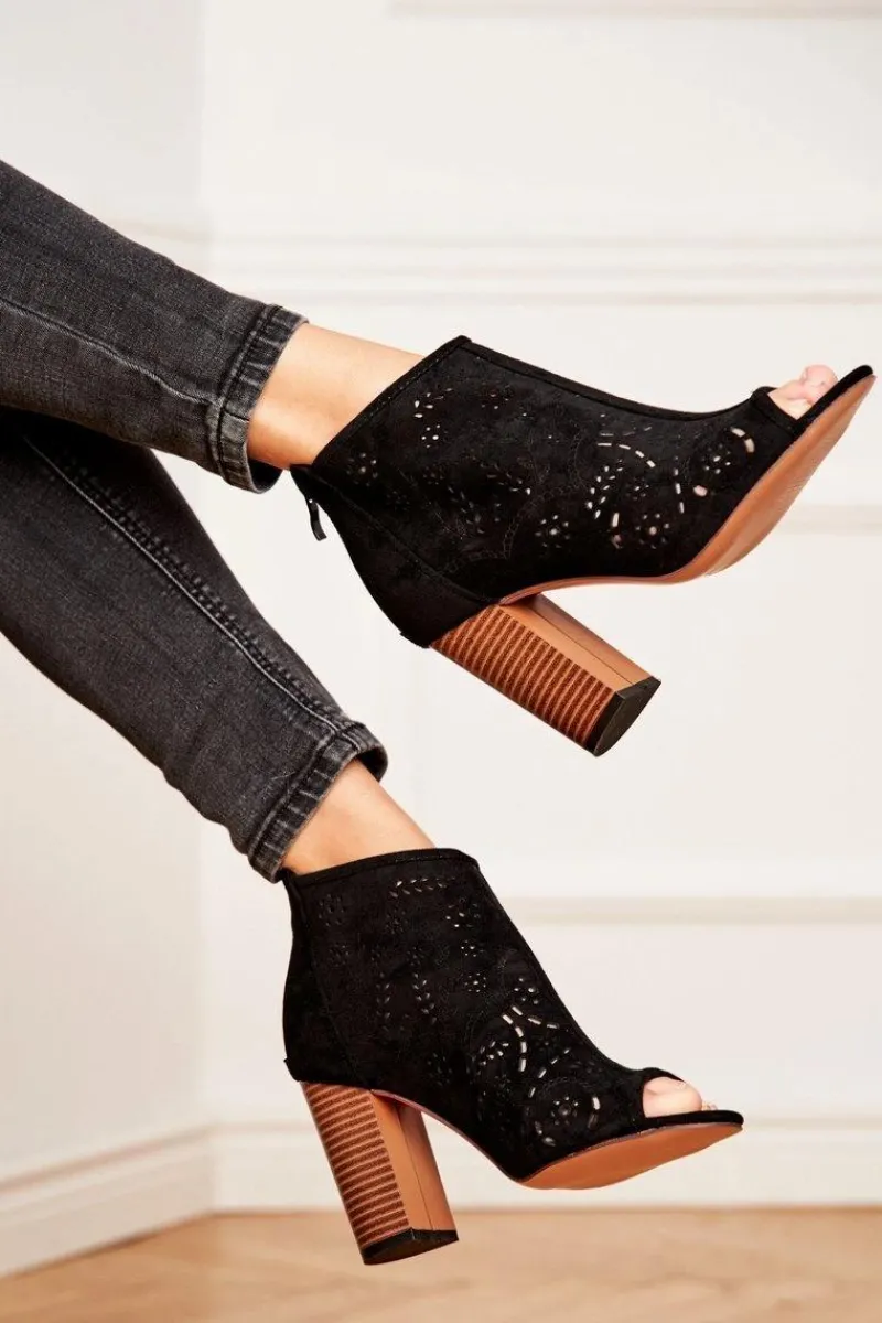 Botki Damskie Na Słupku Zamszowe Ażurowe Czarne Papillon Damskie Botki Wiosenne|Botki Na Słupku