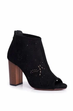Botki Damskie Na Słupku Zamszowe Ażurowe Czarne Papillon Damskie Botki Wiosenne|Botki Na Słupku