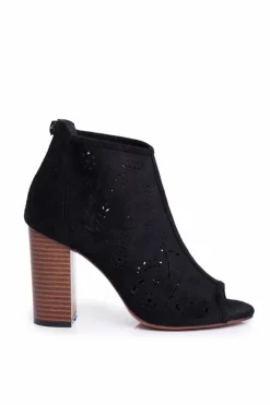 Botki Damskie Na Słupku Zamszowe Ażurowe Czarne Papillon Damskie Botki Wiosenne|Botki Na Słupku