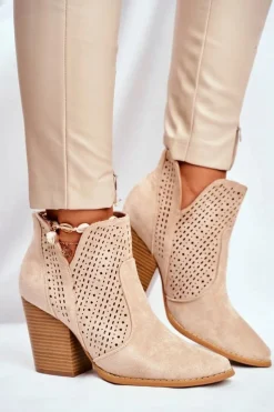 Botki Wiosenne|Botki Na Słupku>Boto Botki Damskie Na Słupku Zamszowe Ażurowe Jasno Beżowe Shades