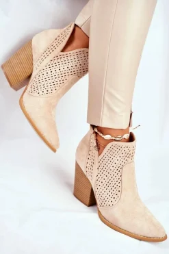 Botki Wiosenne|Botki Na Słupku>Boto Botki Damskie Na Słupku Zamszowe Ażurowe Jasno Beżowe Shades