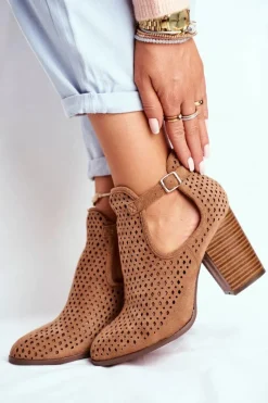 Sale Botki Damskie Na Słupku Zamszowe Ażurowe Camel Morrena Damskie Botki Wiosenne|Botki Na Słupku