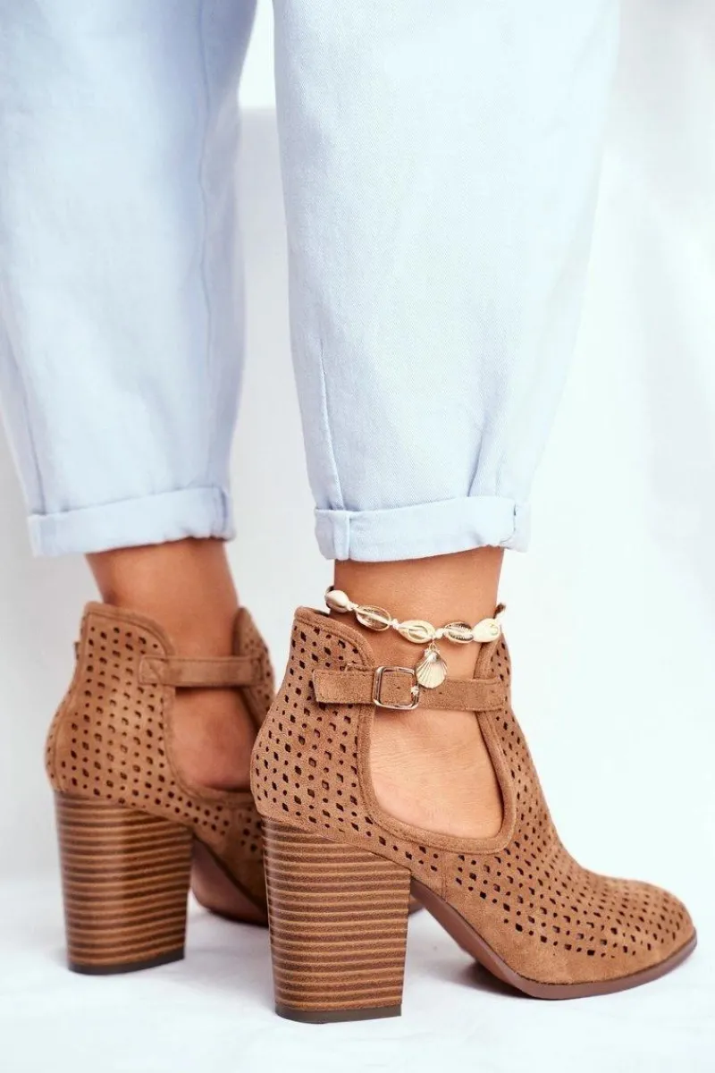 Sale Botki Damskie Na Słupku Zamszowe Ażurowe Camel Morrena Damskie Botki Wiosenne|Botki Na Słupku