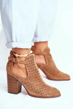 Sale Botki Damskie Na Słupku Zamszowe Ażurowe Camel Morrena Damskie Botki Wiosenne|Botki Na Słupku
