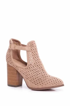 Outlet Boto Botki Damskie Na Słupku Zamszowe Ażurowe Beżowe Morrena