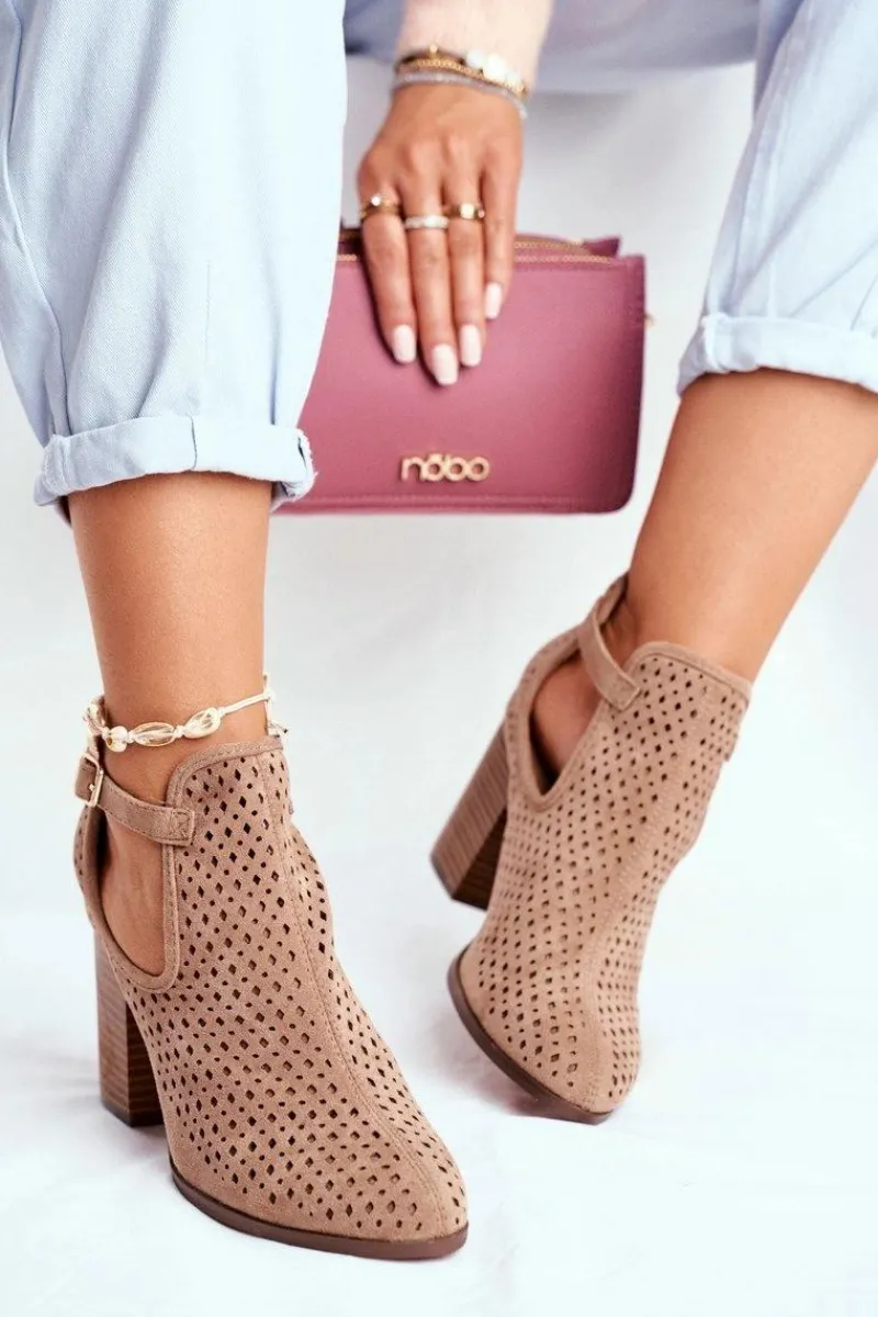 Outlet Boto Botki Damskie Na Słupku Zamszowe Ażurowe Beżowe Morrena