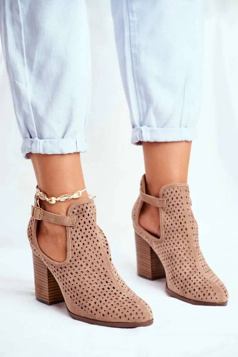 Outlet Boto Botki Damskie Na Słupku Zamszowe Ażurowe Beżowe Morrena