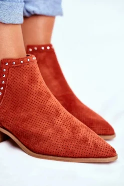 Outlet Boto Botki Damskie Na Słupku Zamszowe Ażurowe Pomarańczowe Margate