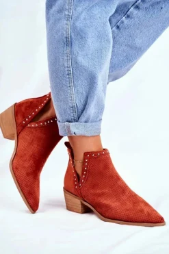 Outlet Boto Botki Damskie Na Słupku Zamszowe Ażurowe Pomarańczowe Margate