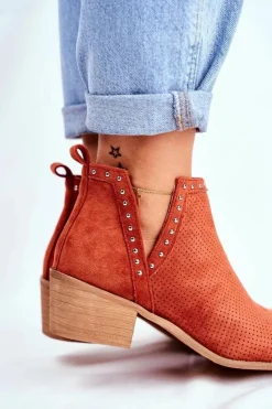 Outlet Boto Botki Damskie Na Słupku Zamszowe Ażurowe Pomarańczowe Margate