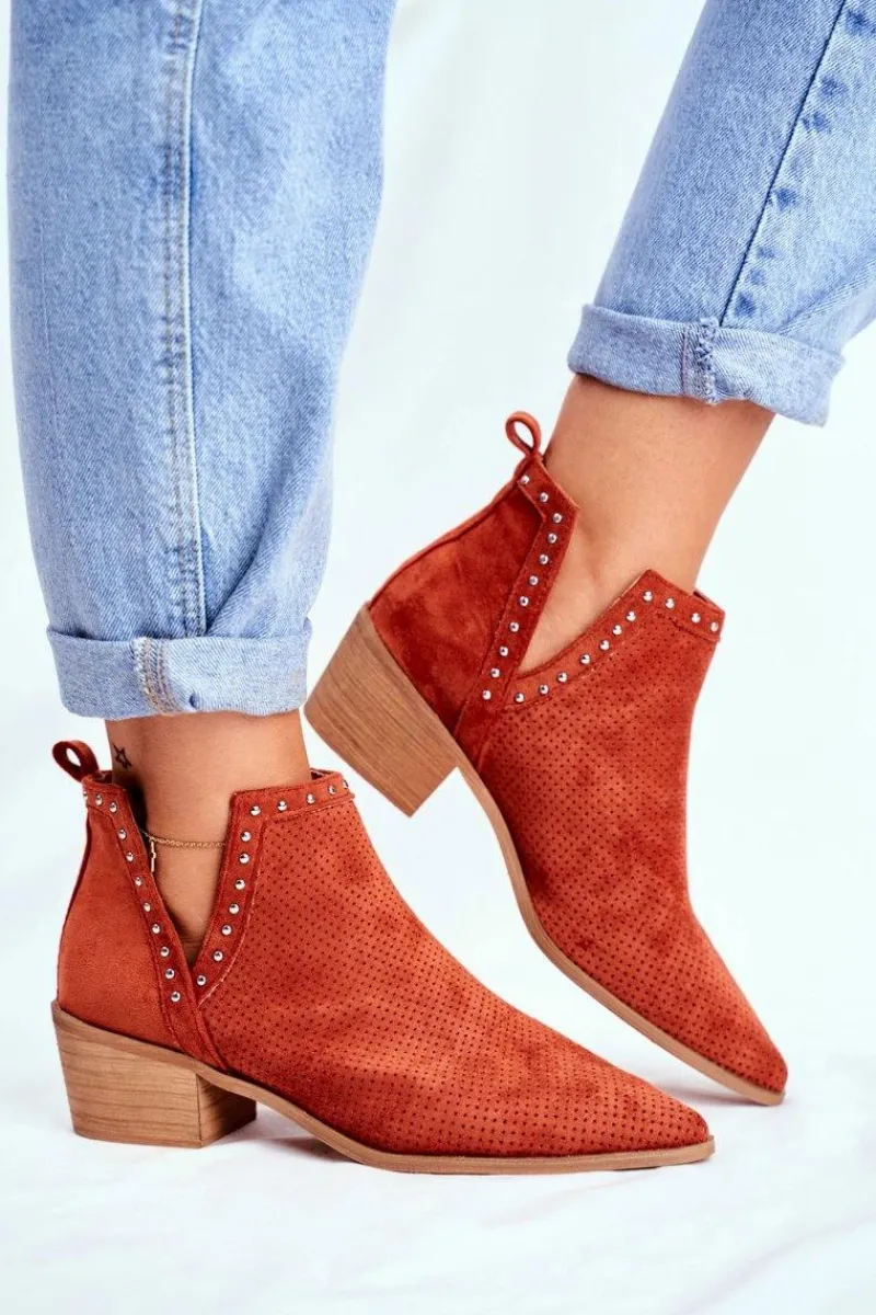 Outlet Boto Botki Damskie Na Słupku Zamszowe Ażurowe Pomarańczowe Margate