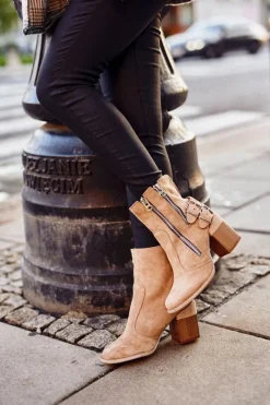 Botki Na Słupku|Brązowe I Beżowe Botki>Boto Botki Damskie Na Słupku Zamszowe Beżowe Anabelle