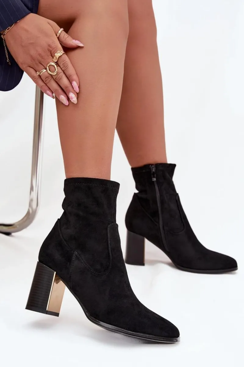 New Boto Botki Damskie Na Słupku Ze Złotym Elementem Ocieplane Czarne Amelisse