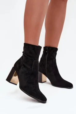 New Boto Botki Damskie Na Słupku Ze Złotym Elementem Ocieplane Czarne Amelisse