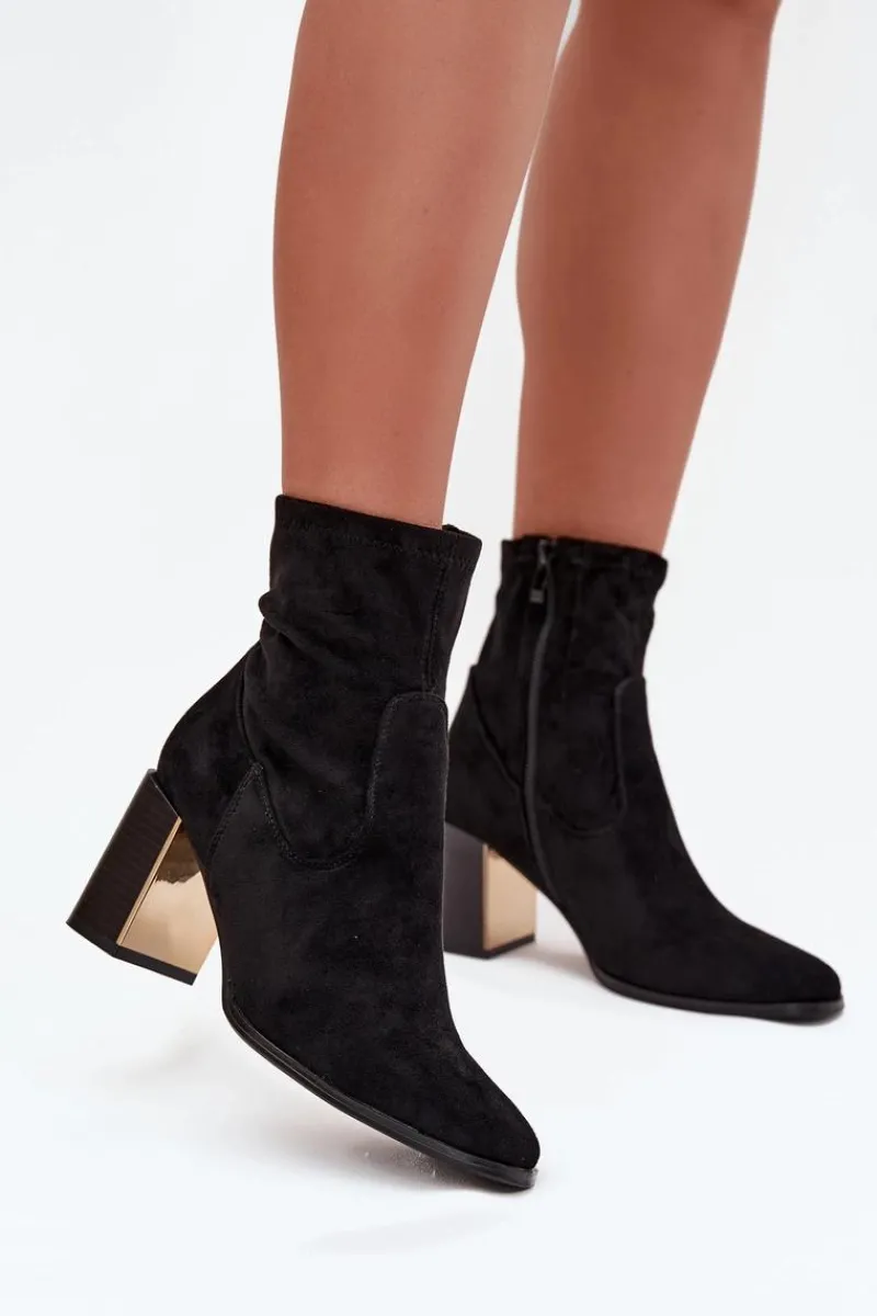 New Boto Botki Damskie Na Słupku Ze Złotym Elementem Ocieplane Czarne Amelisse