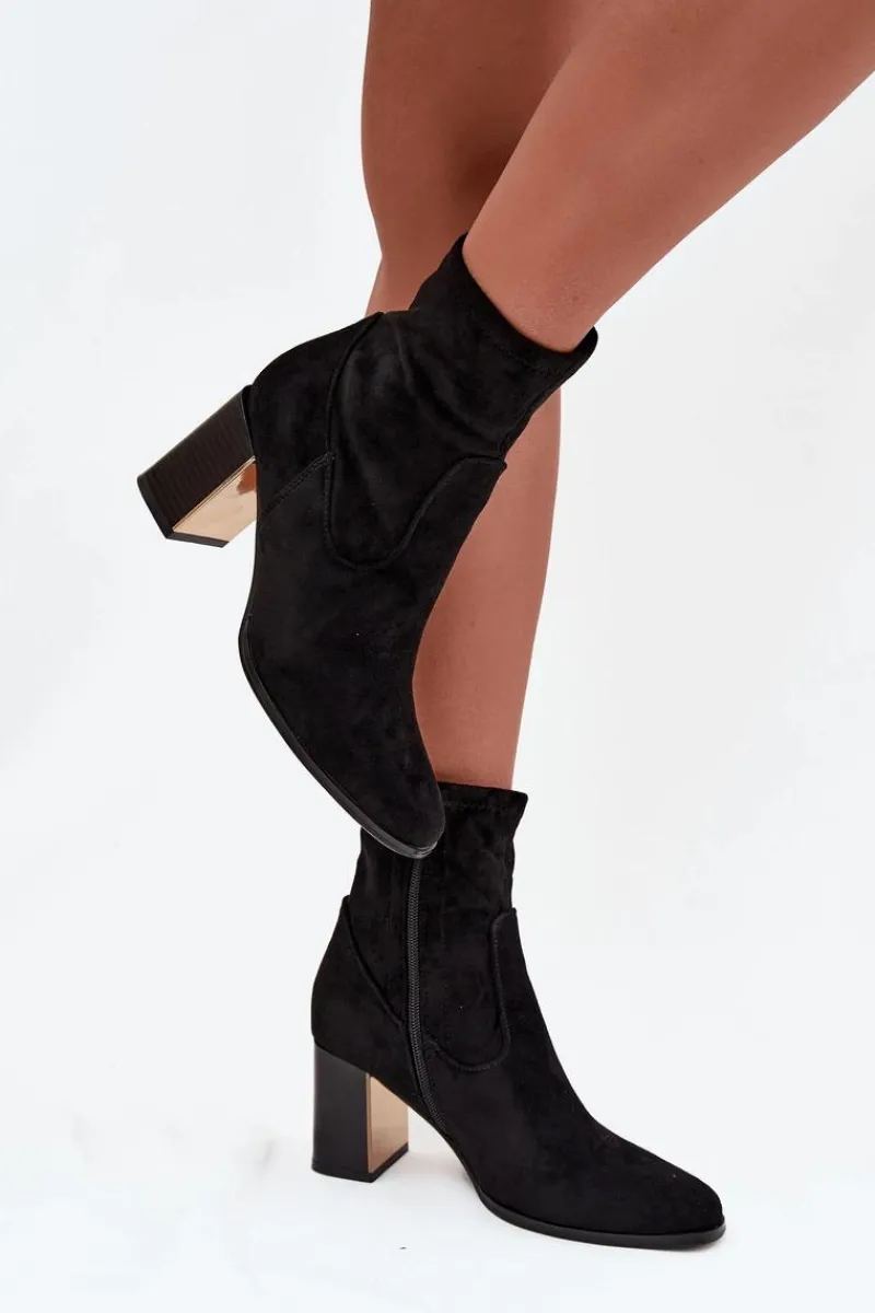 New Boto Botki Damskie Na Słupku Ze Złotym Elementem Ocieplane Czarne Amelisse