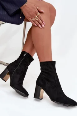 New Boto Botki Damskie Na Słupku Ze Złotym Elementem Ocieplane Czarne Amelisse