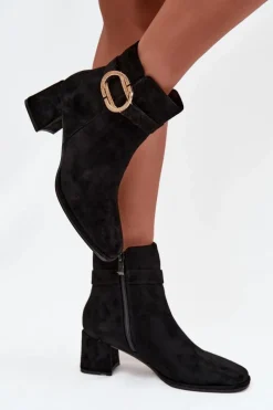 Discount Botki Damskie Na Słupku Ze Złotą Klamrą Czarne Calissa Damskie Botki Na Słupku|Botki Zimowe Damskie