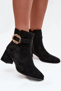 Discount Botki Damskie Na Słupku Ze Złotą Klamrą Czarne Calissa Damskie Botki Na Słupku|Botki Zimowe Damskie