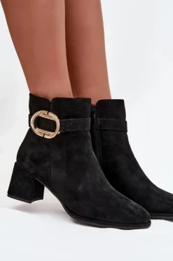 Discount Botki Damskie Na Słupku Ze Złotą Klamrą Czarne Calissa Damskie Botki Na Słupku|Botki Zimowe Damskie