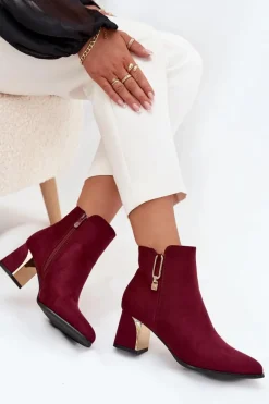 Botki Ocieplane|Botki Na Słupku>Boto Botki Damskie Na Słupku Ze Złotymi Detalami Bordowe Kalivra