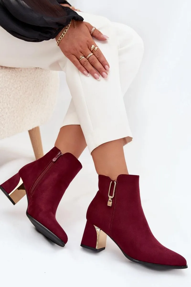 Botki Ocieplane|Botki Na Słupku>Boto Botki Damskie Na Słupku Ze Złotymi Detalami Bordowe Kalivra
