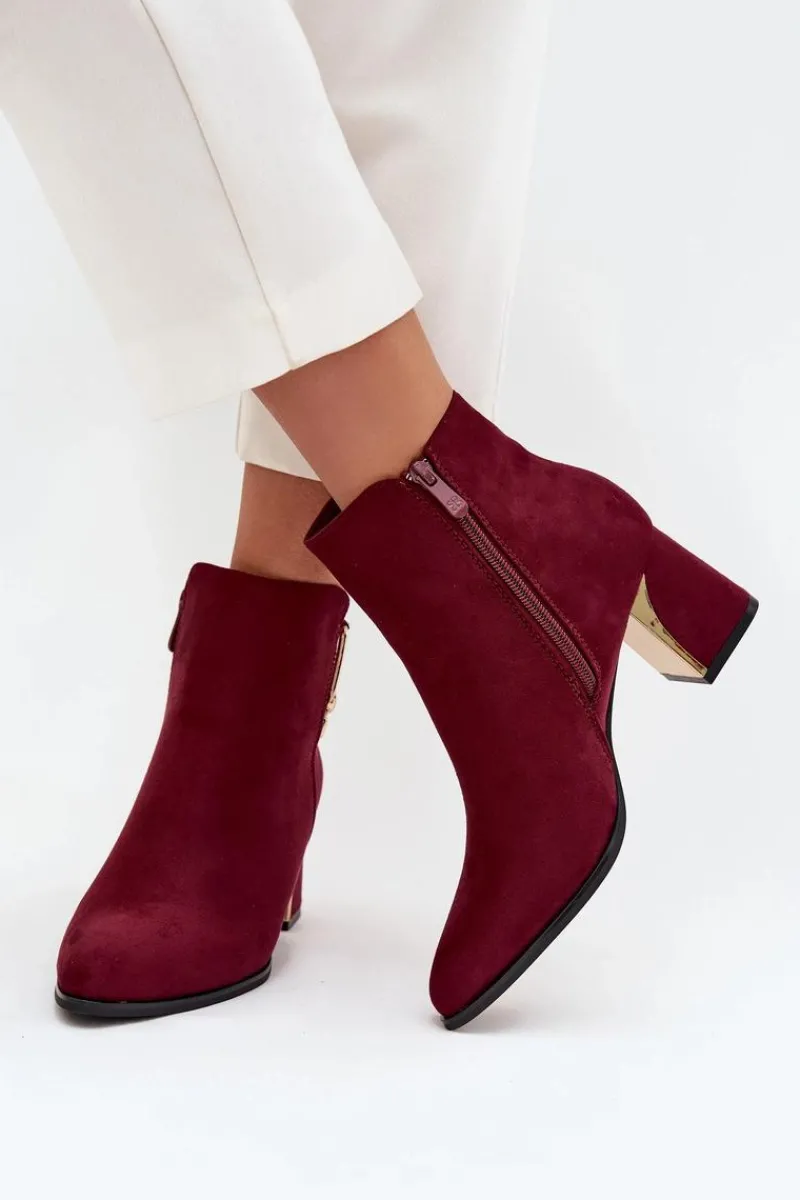 Botki Ocieplane|Botki Na Słupku>Boto Botki Damskie Na Słupku Ze Złotymi Detalami Bordowe Kalivra