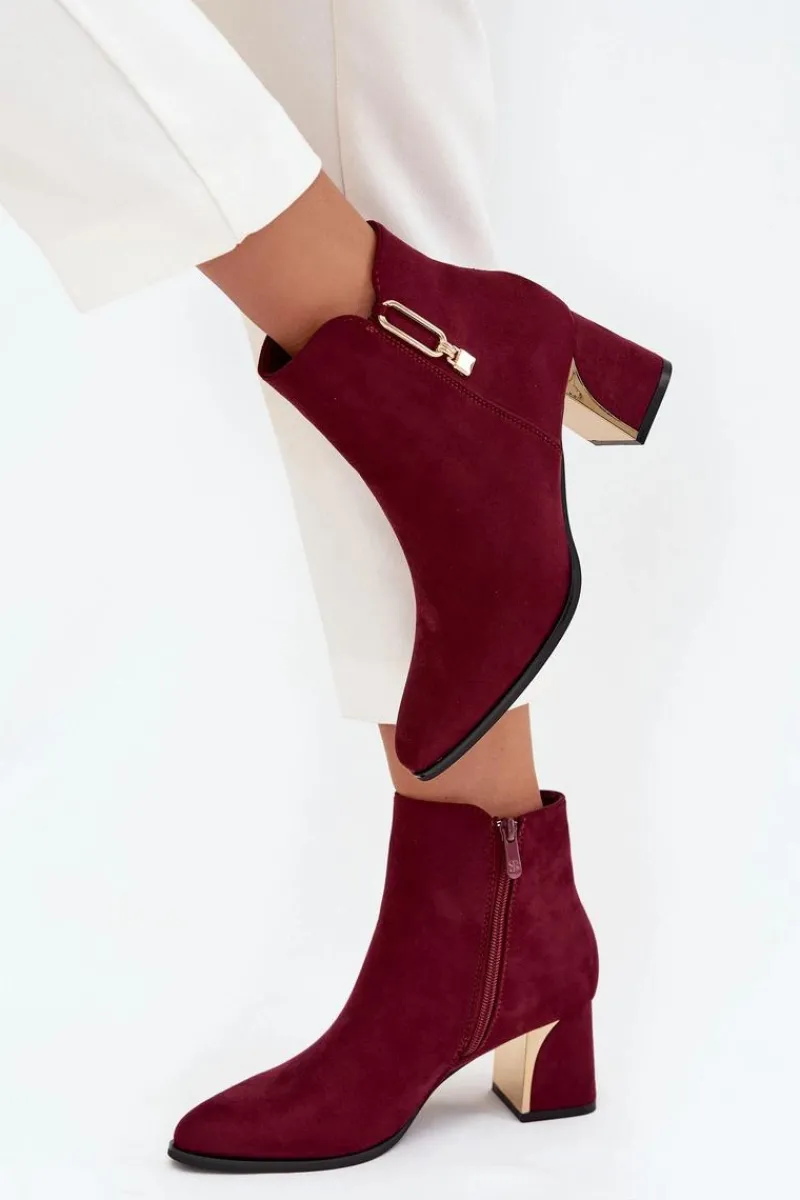 Botki Ocieplane|Botki Na Słupku>Boto Botki Damskie Na Słupku Ze Złotymi Detalami Bordowe Kalivra