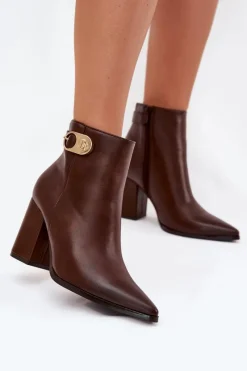 Outlet Botki Damskie Na Słupku Ze Złotym Detalem Czekoladowe Tharina Damskie Botki Ocieplane|Botki Na Słupku