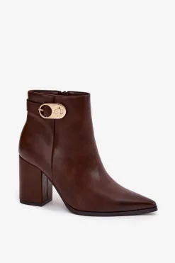 Outlet Botki Damskie Na Słupku Ze Złotym Detalem Czekoladowe Tharina Damskie Botki Ocieplane|Botki Na Słupku