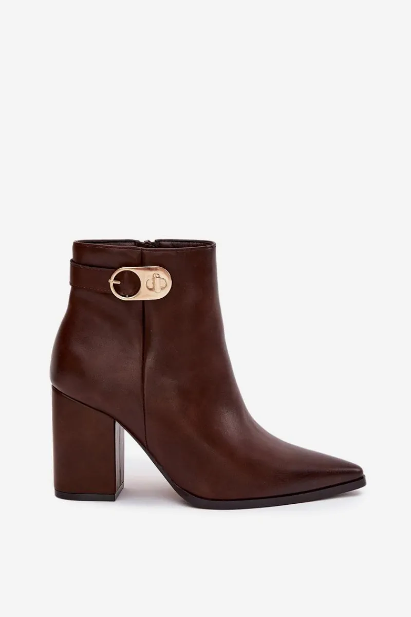 Outlet Botki Damskie Na Słupku Ze Złotym Detalem Czekoladowe Tharina Damskie Botki Ocieplane|Botki Na Słupku