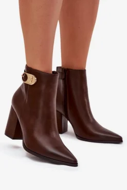 Outlet Botki Damskie Na Słupku Ze Złotym Detalem Czekoladowe Tharina Damskie Botki Ocieplane|Botki Na Słupku