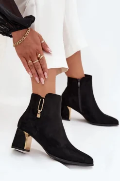 Sale Boto Botki Damskie Na Słupku Ze Złotymi Detalami Czarne Kalivra Czarny