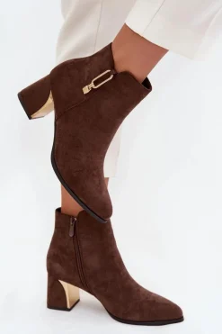 Boto Botki Damskie Na Słupku Ze Złotymi Detalami Brązowe Kalivra