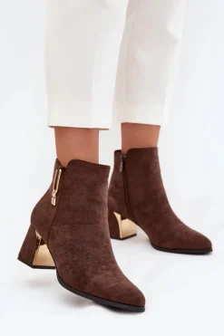 Boto Botki Damskie Na Słupku Ze Złotymi Detalami Brązowe Kalivra