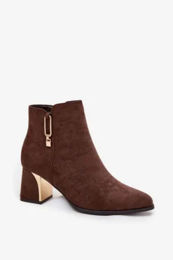 Boto Botki Damskie Na Słupku Ze Złotymi Detalami Brązowe Kalivra