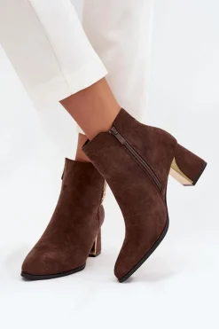 Boto Botki Damskie Na Słupku Ze Złotymi Detalami Brązowe Kalivra